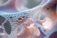 Microscopic view of organic cellular structure with bubbles and membranes in soft pink and blue tones showing intricate biological patterns and connections.