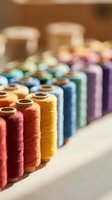 Colorful thread spools arranged in rainbow pattern for sewing and crafting projects in textile workshop with warm natural lighting and shallow depth of field.