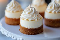 Mini vanilla cheesecakes topped with swirled whipped cream on graham cracker crust, served on white decorative plate. Perfect for dessert menu photography.