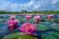 Beautiful pink water lilies floating on calm lake surface with lily pads under blue summer sky. Perfect for nature photography, wellness concepts and meditation backgrounds.