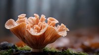 Orange mushroom with delicate ruffled cap growing on forest floor with moss, showcasing intricate gills underneath in soft focus autumn woodland setting.