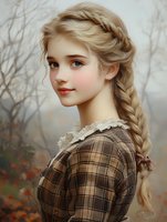 Young woman with blonde braided hair wearing plaid dress in autumn setting, soft natural lighting highlights delicate features and vintage-inspired styling.