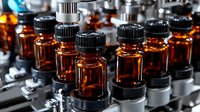 Amber glass bottles with black caps arranged in rows on laboratory equipment. Medical or pharmaceutical containers for essential oils or medicine samples.