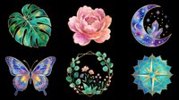 Six watercolor clipart elements isolated on transparent background, ready for stickers, t-shirt design, and print on demand use.
