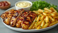 Grilled chicken breast sliced and served with golden french fries, fresh lettuce, and dipping sauces on white plate. Close up view of restaurant meal.