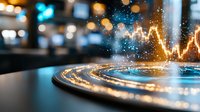 Glowing financial chart with golden light trails on circular display, dynamic stock market data visualization against blurred background with bokeh effects.