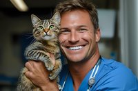 Smiling male veterinarian in blue scrubs holding tabby cat during medical examination. Close up portrait showing professional care and animal companionship in clinic setting.