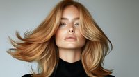 Young Caucasian woman with flowing blonde hair in dynamic motion against gray background wearing black turtleneck, professional beauty portrait with natural makeup look.