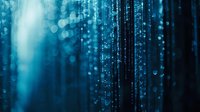 Digital streaming data visualization with glowing blue light particles falling in dark space, creating futuristic matrix effect for technology backgrounds.