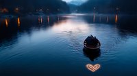 Wooden boat floating on misty lake at dusk with glowing heart reflection in water, orange lights along shoreline create mystical atmosphere. Romantic evening scene.