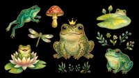 Cute frog clipart set isolated on transparent background, featuring frogs, mushroom, dragonfly, lily pad, lotus, and botanicals, ready for stickers, t-shirt design, and print on demand.