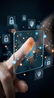 Hand holding transparent tablet with glowing fingerprint scanner and security icons for biometric authentication and digital identity verification technology.