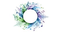Colorful musical notes and symbols swirling around white circle frame on transparent background for creative design projects and music themes.