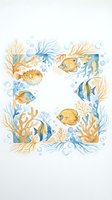 Watercolor tropical fish frame with coral reef and bubbles on white background for marine themed designs and ocean decorations.