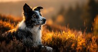 Border collie dog resting in golden autumn heather field at sunset, warm evening light creating atmospheric rural landscape.