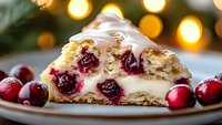 Fresh cranberry scone with white glaze icing on plate, macro close up view showing moist texture and whole berries against warm bokeh holiday lights.