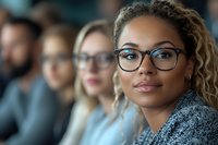 Young African American businesswoman with glasses in professional meeting or conference setting with diverse colleagues in background.