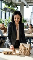 Businesswoman in formal black blazer and white blouse arranging wooden blocks showing 2027 next to miniature house model in modern office with green plants and colleagues working in background.