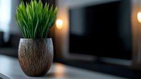 Green artificial grass plant in textured brown ceramic pot against blurred modern interior background with ambient lighting and TV screen.