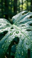 Tropical monstera leaf with fresh water droplets after rain in lush green forest environment for natural wellness and botanical design concepts.