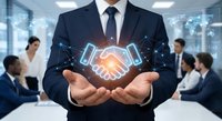 Business professional displaying digital handshake hologram above hands in modern office meeting room with colleagues in background.