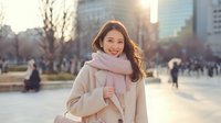 Young Asian woman in beige coat and pink scarf smiling warmly in urban winter setting with golden sunlight and city buildings in background for lifestyle content.
