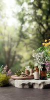 Natural herbal medicine setup with amber bottles, dried herbs on wooden board, and fresh flowers against blurred forest background. Wellness and aromatherapy concept.