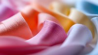 Colorful satin ribbons in pastel shades of pink, peach, orange, and white arranged in soft folds creating elegant textile texture for craft and decoration projects.