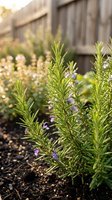 Fresh rosemary herbs growing in organic garden bed with purple flowers blooming on aromatic plants for culinary cooking and natural seasoning.