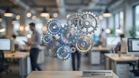 Business process optimization with interconnected gears floating in modern office workspace representing workflow automation and efficiency solutions.