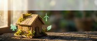 Miniature wooden eco house model with green energy symbols on natural background representing sustainable living and environmental conservation concepts.