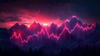 Mountain range silhouette with glowing pink stock market chart overlay against dramatic sunset sky, combining nature and financial data visualization.