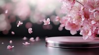 Pink cherry blossom petals falling around elegant product display platform with soft bokeh background for spring cosmetics and beauty branding.