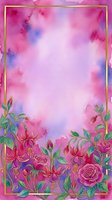 Watercolor floral background with pink roses, fuchsia flowers, green leaves, and a gold frame on a vibrant purple-pink gradient wash.