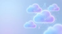 Cloud computing network with holographic gradient clouds and connecting lines on purple background for technology presentations.