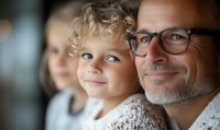 Heartwarming portrait of mature father with glasses embracing young child with curly blonde hair, showing loving connection and family bonding in natural light setting.