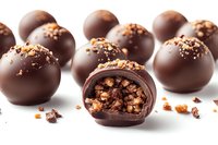 Dark chocolate truffles filled with crunchy nuts and caramel pieces, one cut in half showing rich ganache interior, arranged on white surface with scattered crumbs.