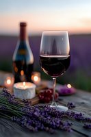 Glass of red wine with lavender flowers and candles on wooden table at sunset, romantic evening atmosphere in Provence countryside setting.