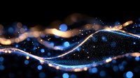 Glowing blue and gold waves with sparkles and bokeh effects on black background create magical abstract light pattern for festive designs.