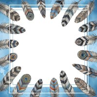 Ornate feathers arranged in a square frame border on white background with blue sky corners, isolated design element suitable for invitations, posters, greeting cards, and digital artwork projects.