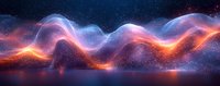 Abstract glowing wave formation with particles against dark background, featuring vibrant orange and blue colors reflecting on water surface in panoramic view.