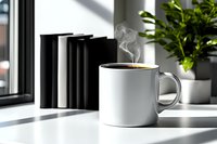 Steaming white coffee mug on bright windowsill with black books and green plant, morning sunlight casting dramatic shadows, minimalist home office setup.