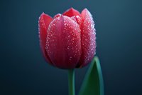 Red tulip flower with water droplets on petals against dark blue background for spring garden and nature photography projects.