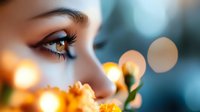 Young woman with golden eye makeup and warm bokeh lights creating dreamy portrait for beauty and cosmetics advertising campaigns.
