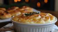 Creamy baked macaroni and cheese casserole topped with golden brown crust, melted cheese blend and fresh thyme sprig in white ramekin dish.