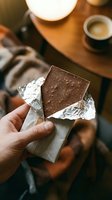 Hand holding unwrapped chocolate bar with foil packaging, warm interior setting with coffee cup and wooden table, cozy snack moment for food and beverage advertising.