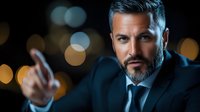 Mature businessman with gray beard wearing dark suit and tie pointing finger at camera against blurred city lights bokeh background at night.
