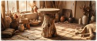 Rustic wooden pedestal table with natural wood grain in warm sunlit room surrounded by terracotta pottery, dried flowers, and woven baskets for home decor and interior design.