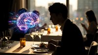 Young businessman with glowing brain hologram at restaurant table showcasing artificial intelligence and cognitive enhancement technology concepts.