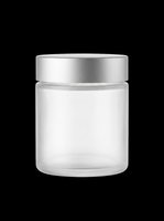 Clear glass jar with silver metallic lid isolated on transparent background, ready for cosmetics, skincare, supplements, and product packaging design use.
